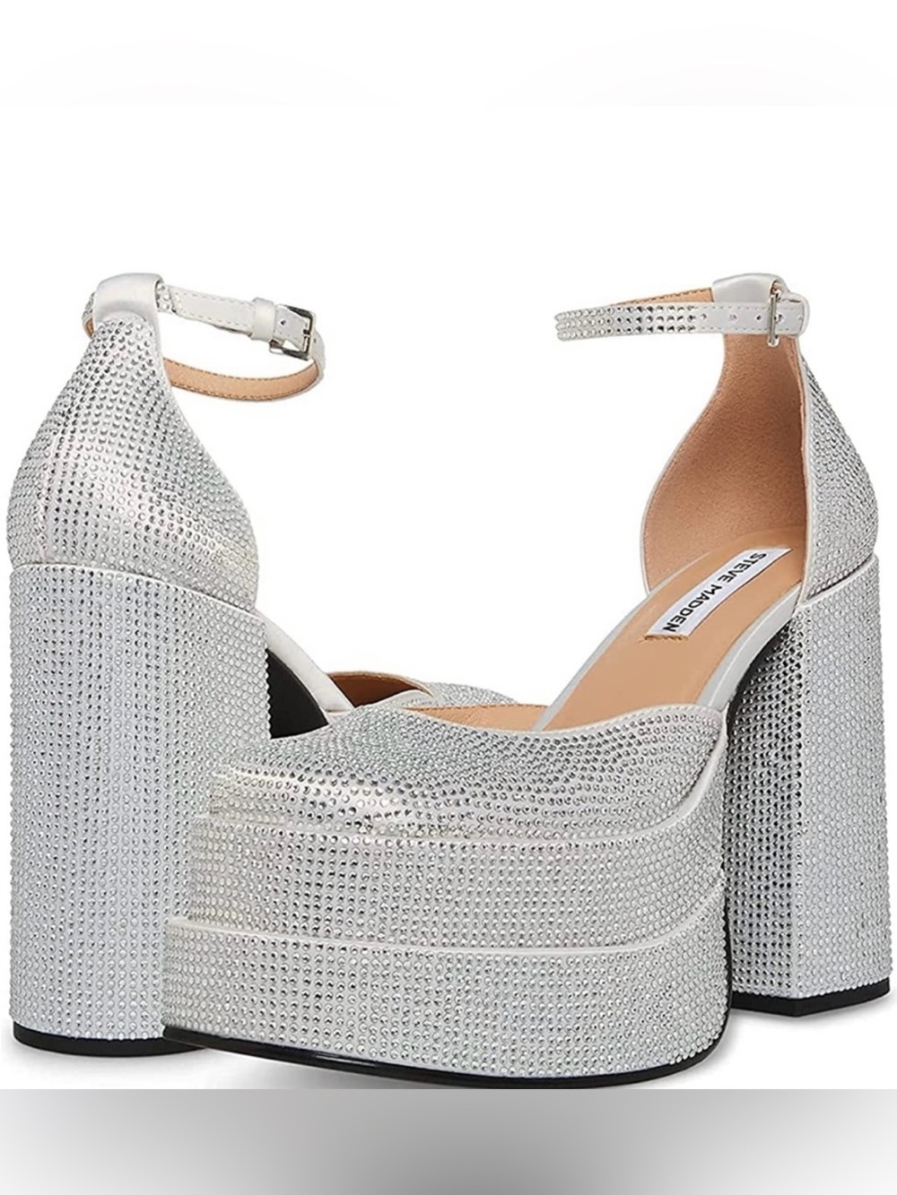 Steve Madden Silver Crystal Embellished Platform Heels with Ankle Strap